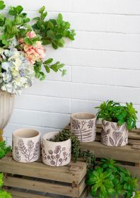 Set of 4 4.3x4.3x4" Gray Sand and Cement Planters with Brown Botanical Motifs