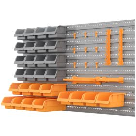 DURHAND 44 Piece Wall Mounted Pegboard Tool Organizer Rack Kit With Various Sized Storage Bins, Pegboard, & Hooks, Orange (Color: Orange)