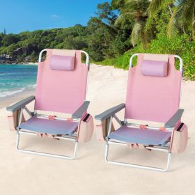 2 Pieces Folding Backpack Beach Chair with Pillow (Color: PINK)